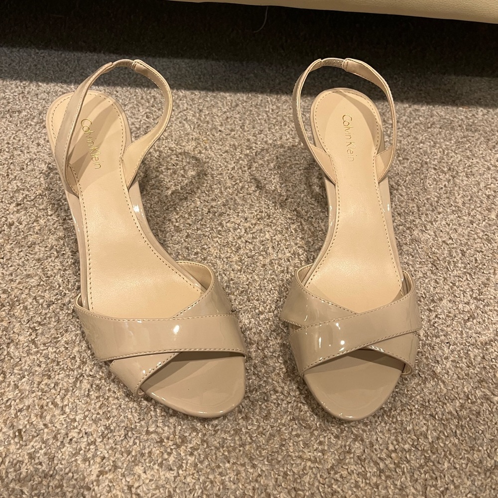 Calvin Klein open toed dress shoes. Beige patent leather. Size 8.5. Never worn